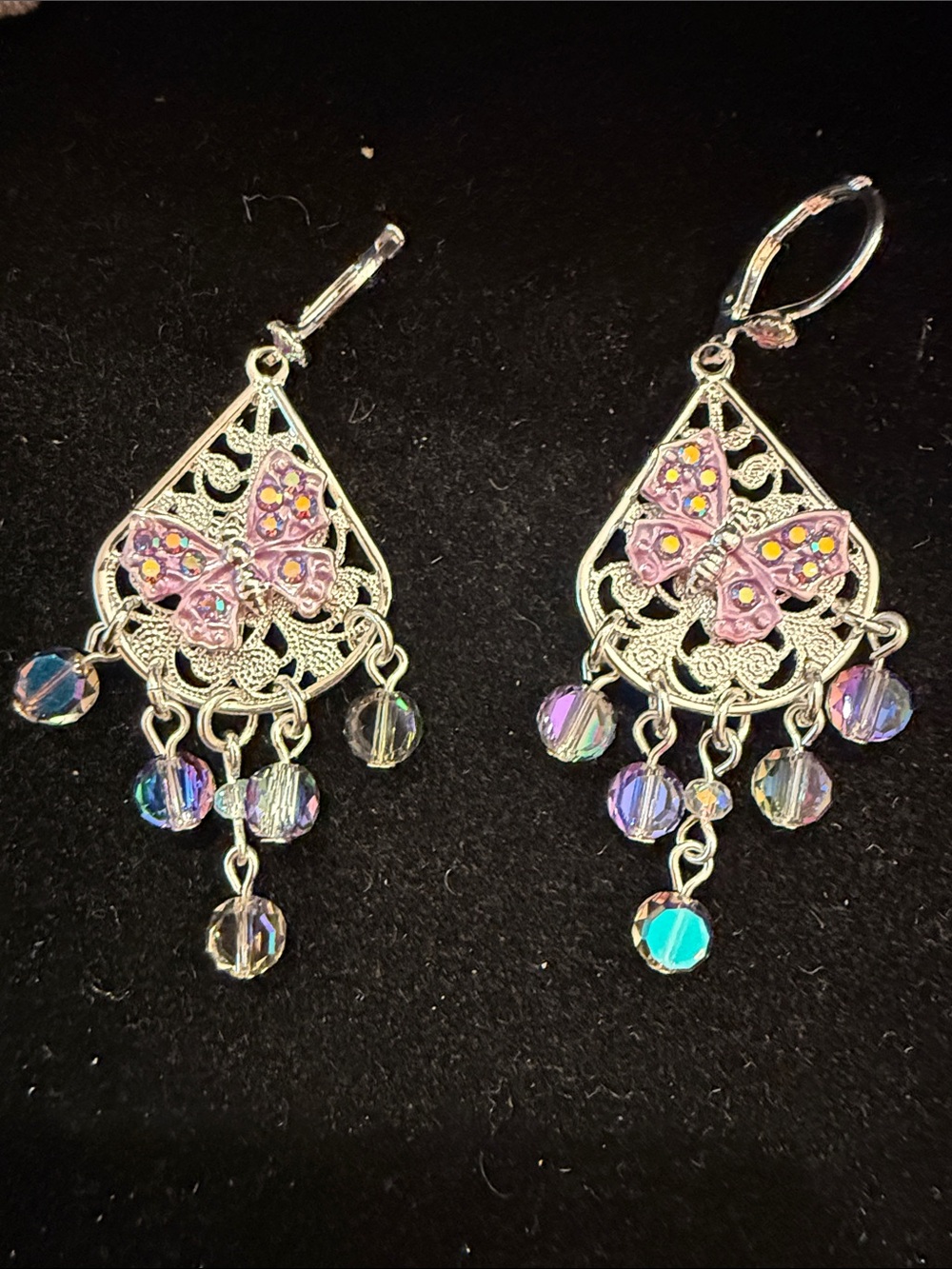 Kirks Folly Silver Filigree Earrings with Pink and Blue Accents